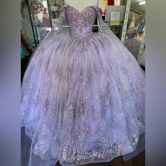 Lavender Sequin Ball Gown Dress with Floral Appliqué